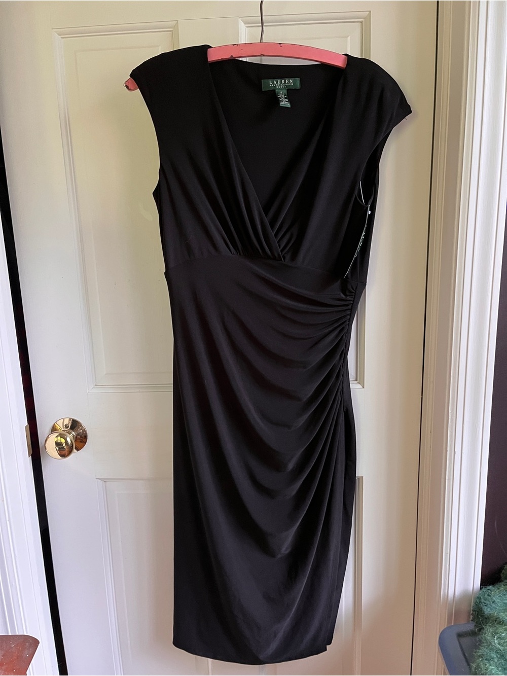 Ralph Lauren Black Cap-Sleeve Faux-Wrap Midi Dress